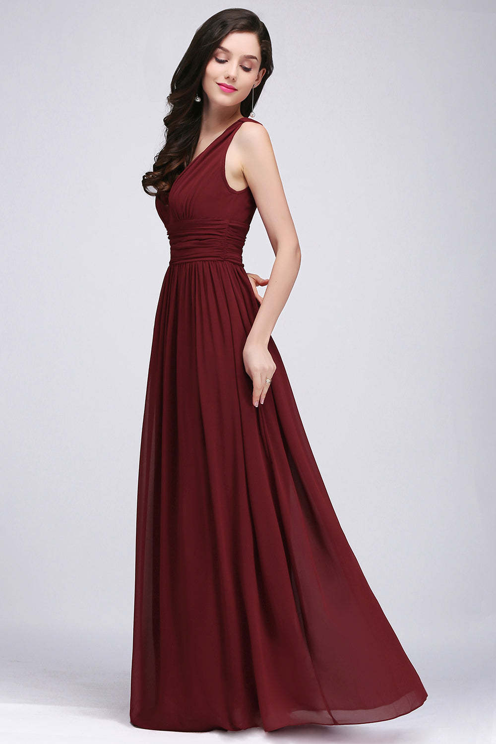 Chicloth Affordable Chiffon V-Neck Burgundy Bridesmaid Dress with Ruffle In Stock