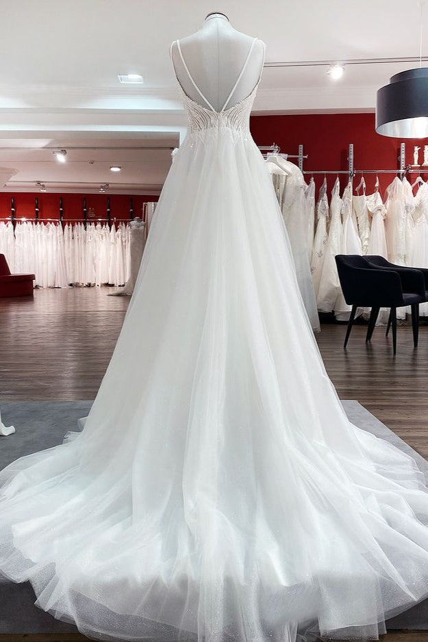 Chicloth Breath-taking Tulle V Neck Sequins Ruffles A-Line Wedding Dresses