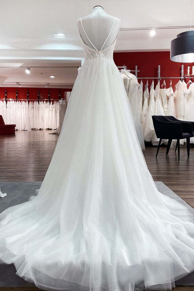 Chicloth Breath-taking Tulle V Neck Sequins Ruffles A-Line Wedding Dresses