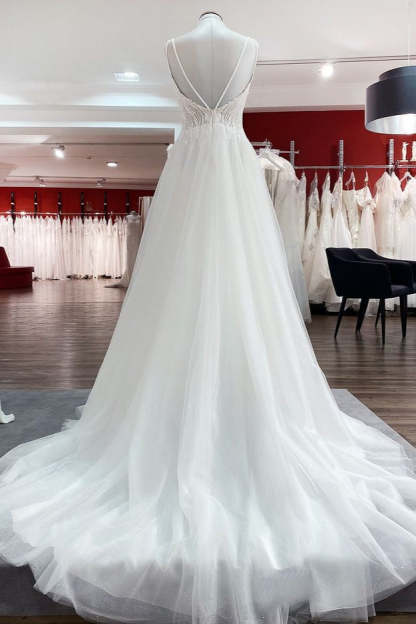Chicloth Breath-taking Tulle V Neck Sequins Ruffles A-Line Wedding Dresses