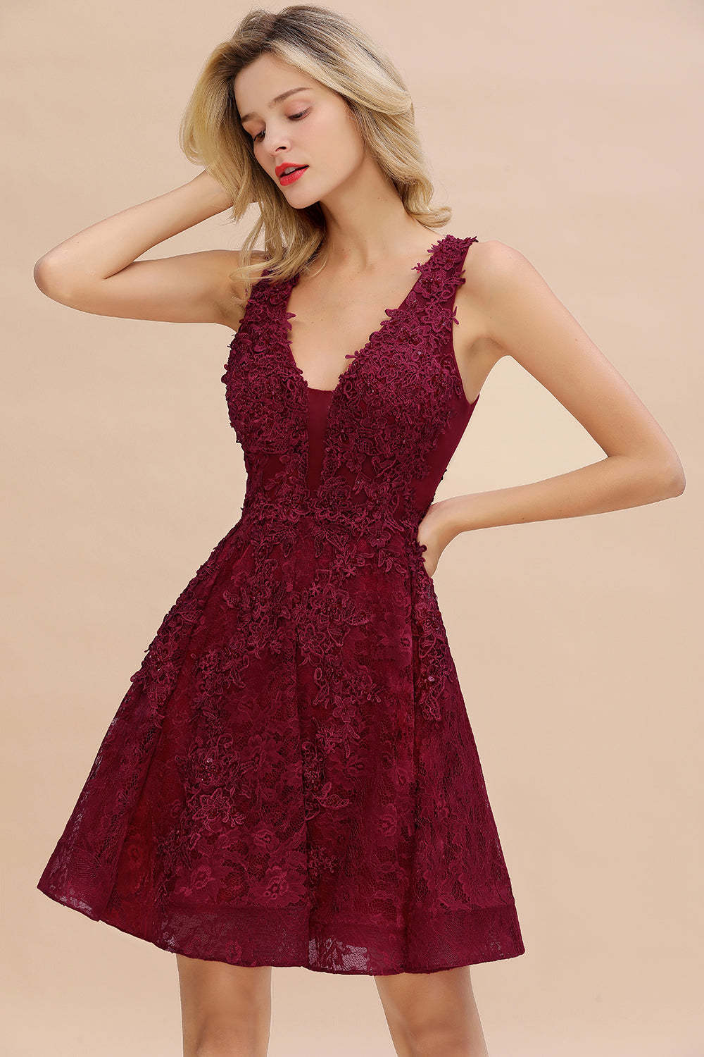 Chicloth Burgundy Sleeveless Lace Short Prom Dress Mini Party Gowns Online