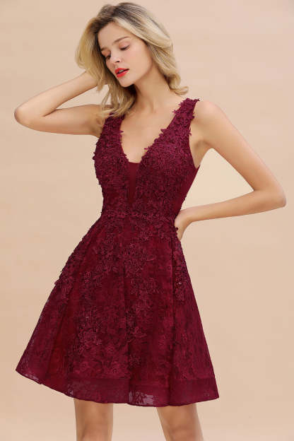 Chicloth Burgundy Sleeveless Lace Short Prom Dress Mini Party Gowns Online