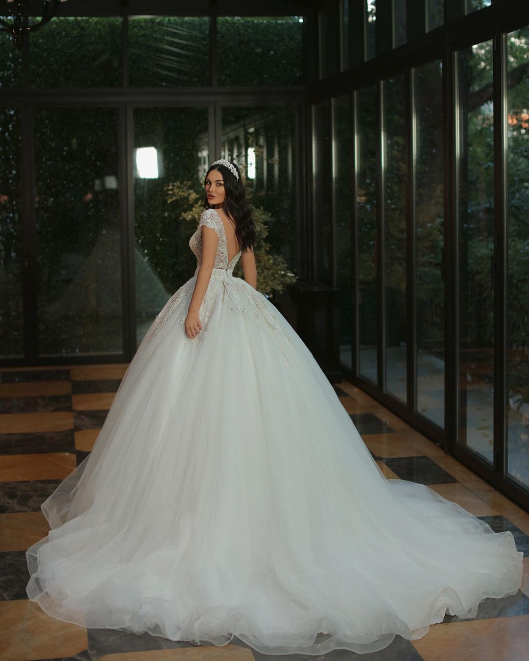 Chicloth Deep V-Neck Cap Sleeves Wedding Dress Ball Gown With Beads