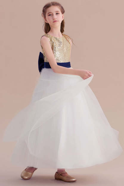 Chicloth A-Line Bow Sequins Ankle Length Flower Girl Dress Online