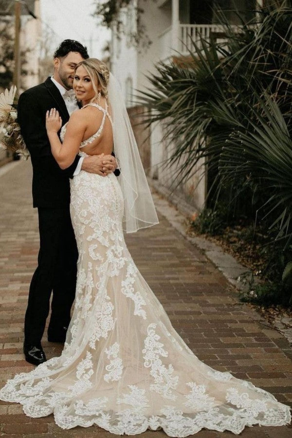 Chicloth Halter Sleeveless Mermaid Wedding Dress With Applqiues Boho Bridal Gown