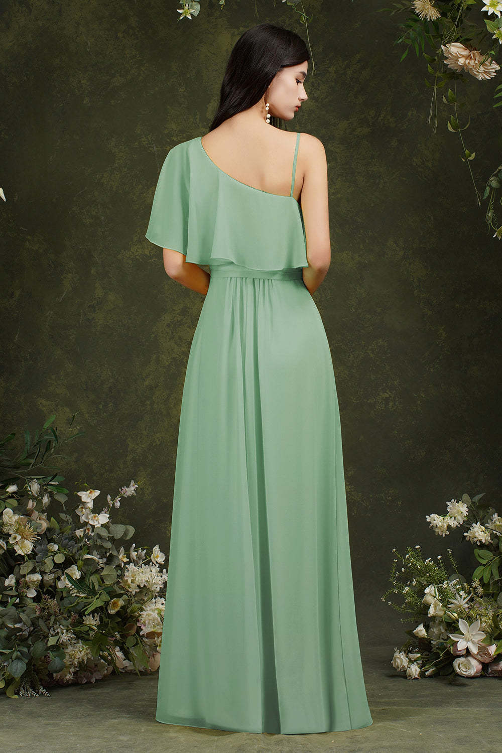Chicloth One Shoulder Ruffles Bridesmaid Dress Long With Slit