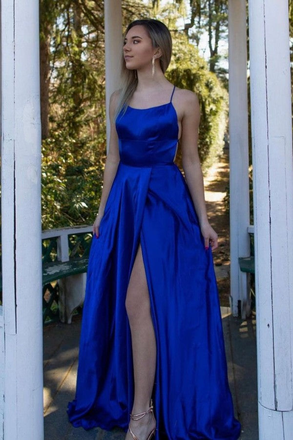 Chicloth Royal Blue Spaghetti-Strap Prom Dress With Split