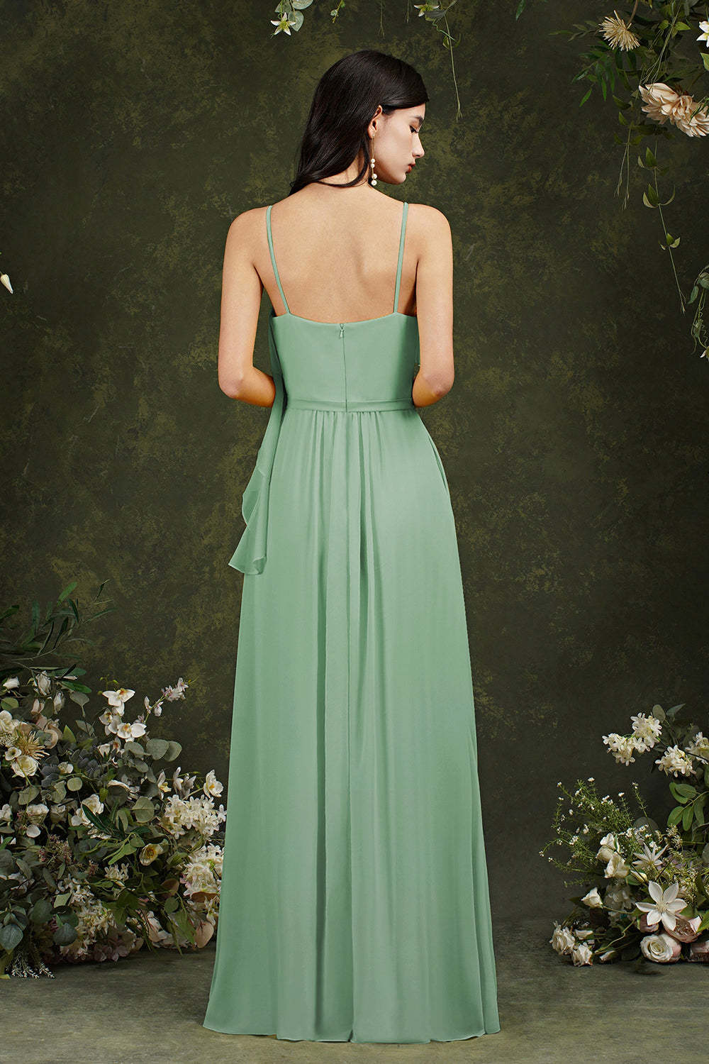 Chicloth Spaghetti-Straps Bridesmaid Dress Chiffon With Pockets Ruffles