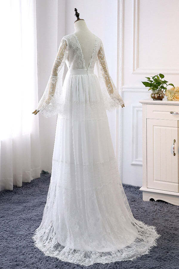 Chicloth Chic Empire Lace Tulle Wedding Dress Long Sleeves V-Neck Appliques Bridal Gowns On Sale