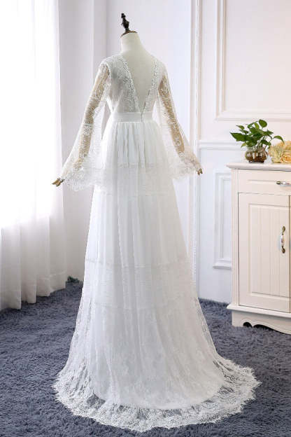 Chicloth Chic Empire Lace Tulle Wedding Dress Long Sleeves V-Neck Appliques Bridal Gowns On Sale
