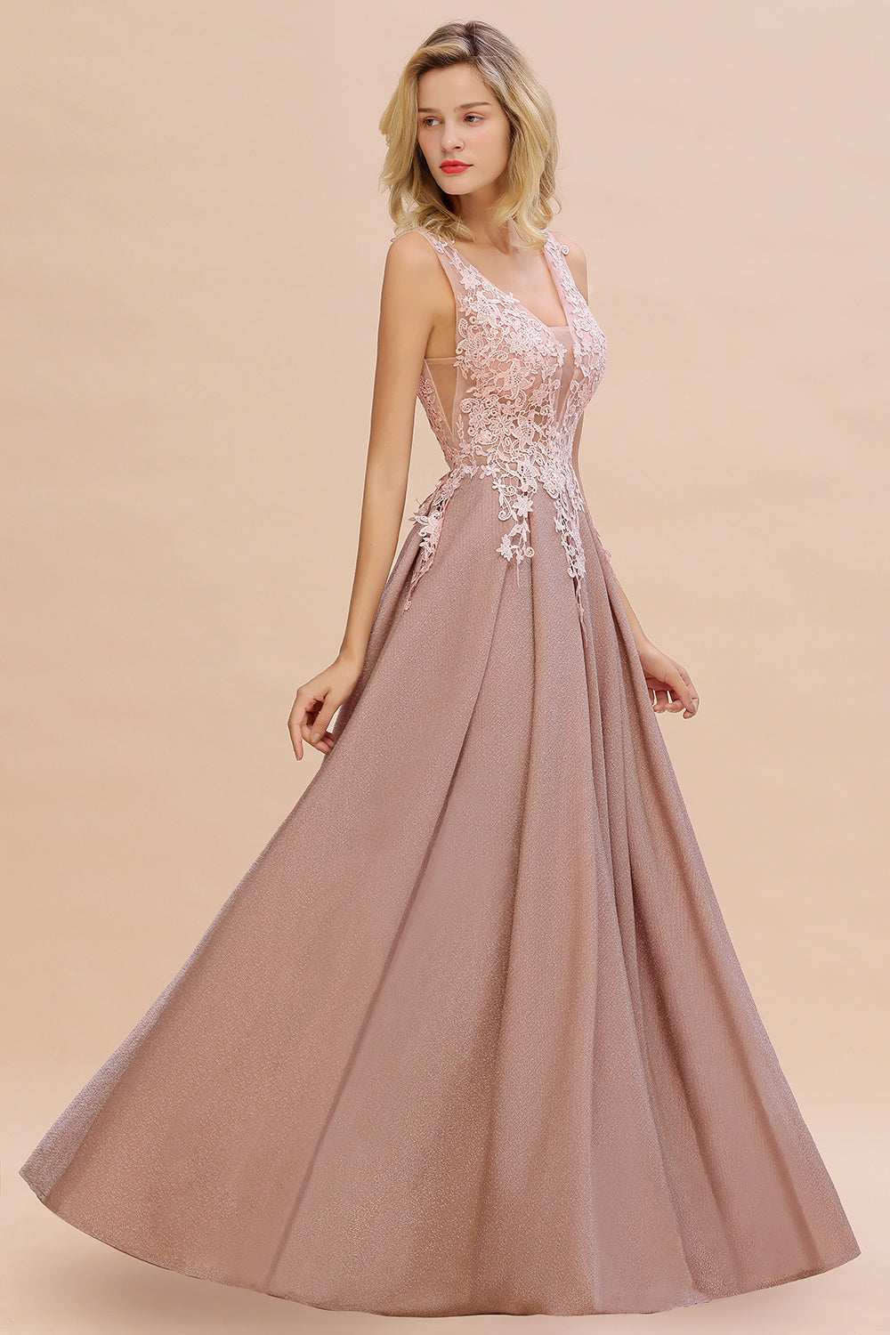 Chicloth Dusty Pink V-Neck Long Prom Dress With Lace Appliques Online