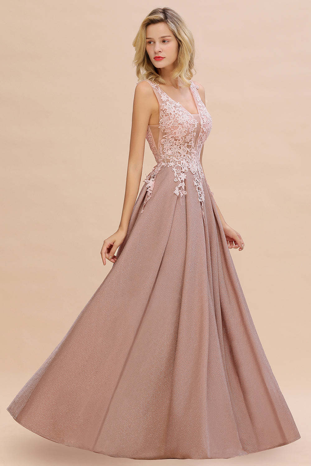 Chicloth Dusty Pink V-Neck Long Prom Dress With Lace Appliques Online