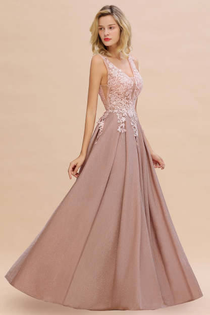 Chicloth Dusty Pink V-Neck Long Prom Dress With Lace Appliques Online
