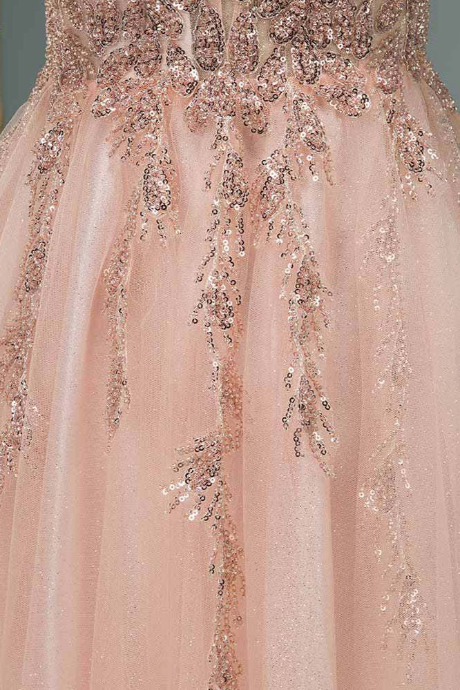 Chicloth Elegant Tulle Spaghetti Strap V-Neck Pink Prom Dress with Beading Appliques