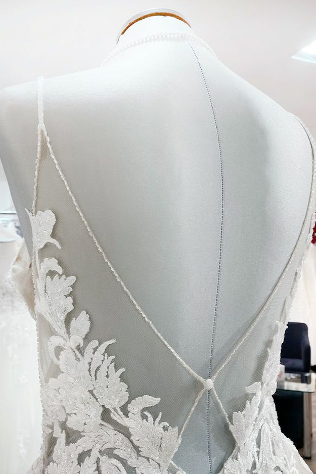 Chicloth Graceful Spaghetti Straps Tulle V Neck Sequins Wedding Dresses With Lace Appliques
