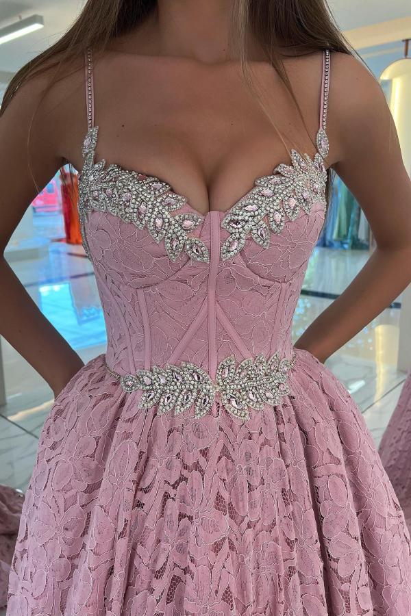 Stunning Spaghetti Straps Lace Long Evening Dress | Sweetheart Beadings A-Line Prom Dress