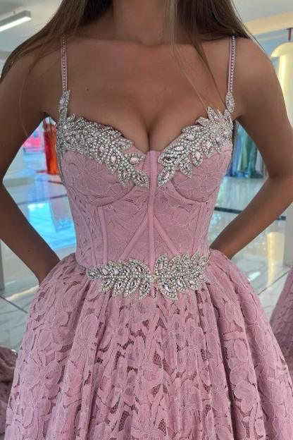 Stunning Spaghetti Straps Lace Long Evening Dress | Sweetheart Beadings A-Line Prom Dress