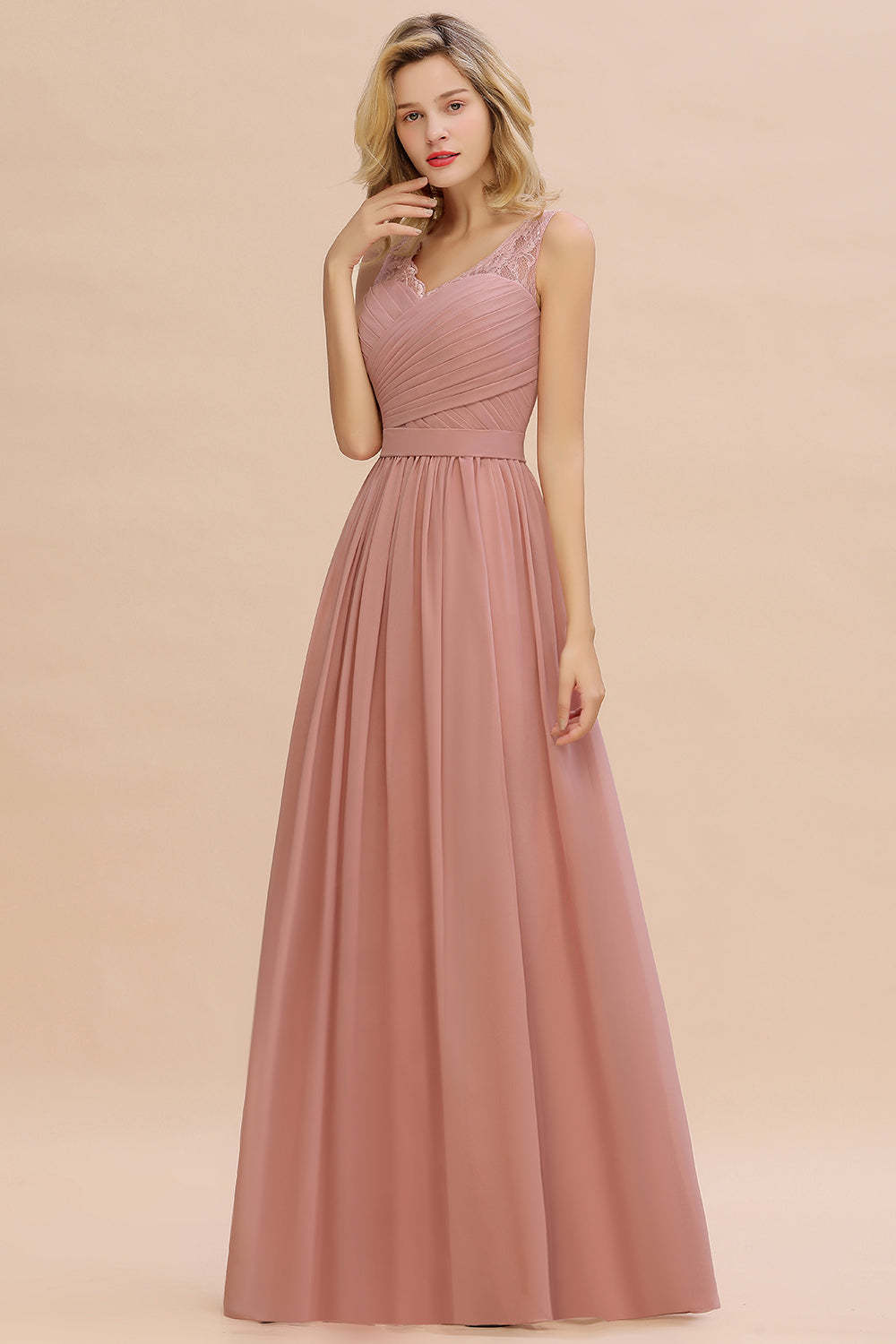 Chicloth A-line Chiffon Lace V-Neck Ruffles Bridesmaid Dress