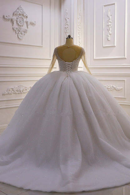 Chicloth Sparkly Ball Gown Tulle Wedding Dress Jewel Sequined Beadings Long Sleeves Bridal Gowns On Sale
