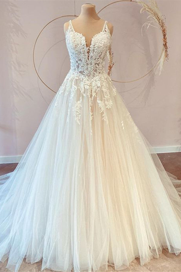 Chicloth V-Neck Bridal Dress Sleeveless Tulle With Lace Appliques