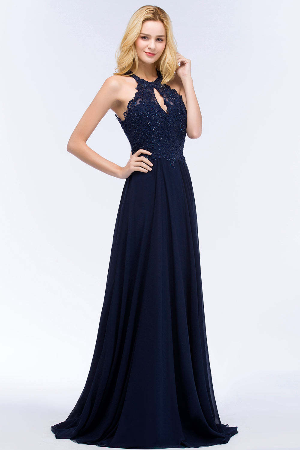 Chicloth A-line Keyhole Neckline Halter Long Beading Prom Dress