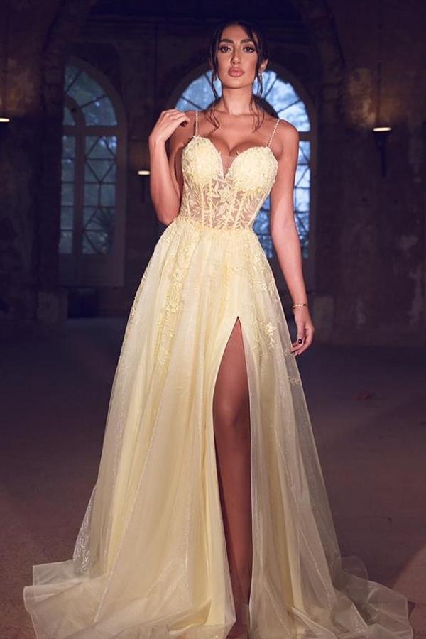 Chicloth Daffodil Spagetti-Straps Prom Dress Split Long With Appliques