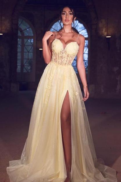 Chicloth Daffodil Spagetti-Straps Prom Dress Split Long With Appliques