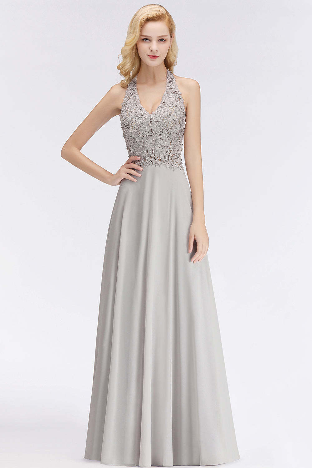 Chicloth A-line Halter Chiffon Lace Bridesmaid Dress with Beadings