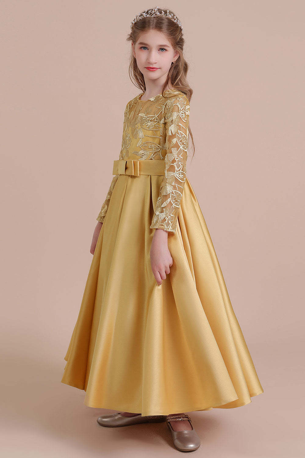 Chicloth A-Line Long Sleeve Satin Ankle Length Flower Girl Dress Online