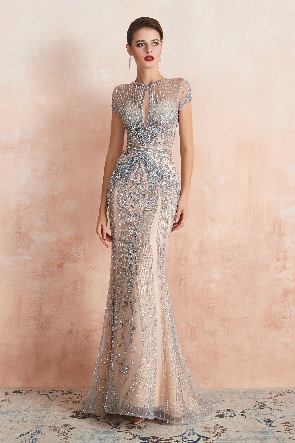 Chicloth Luxurious Crystal Short Sleeve Prom Dress Long Mermaid Kehole Evening Gowns With Zipper Back