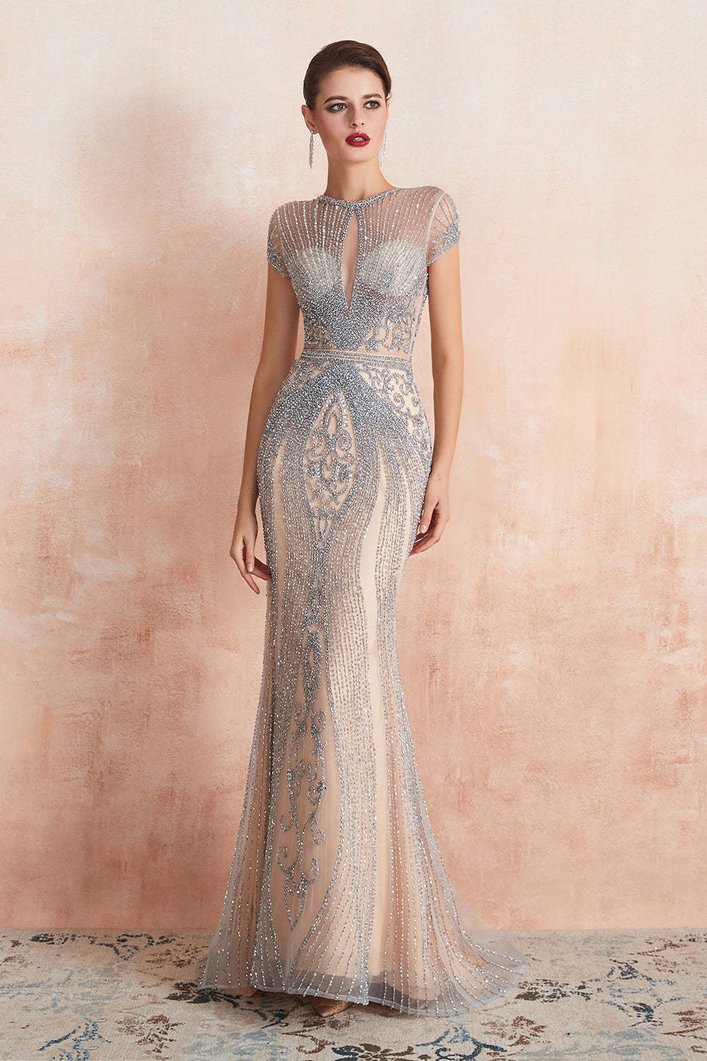 Chicloth Luxurious Crystal Short Sleeve Prom Dress Long Mermaid Kehole Evening Gowns With Zipper Back
