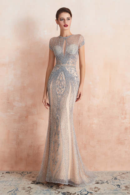 Chicloth Luxurious Crystal Short Sleeve Prom Dress Long Mermaid Kehole Evening Gowns With Zipper Back