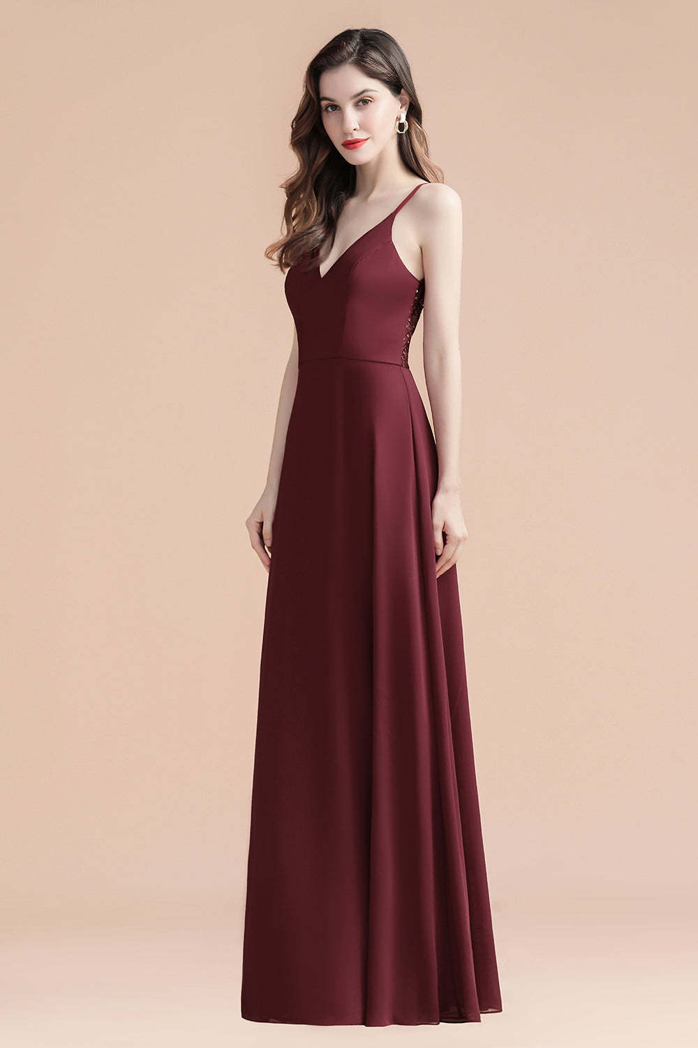 Chicloth Elegant V-Neck Burgundy Chiffon Bridesmaid Dress Lace Sequins Spaghetti Straps Evening Dress