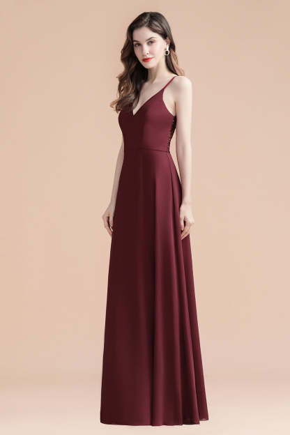 Chicloth Elegant V-Neck Burgundy Chiffon Bridesmaid Dress Lace Sequins Spaghetti Straps Evening Dress