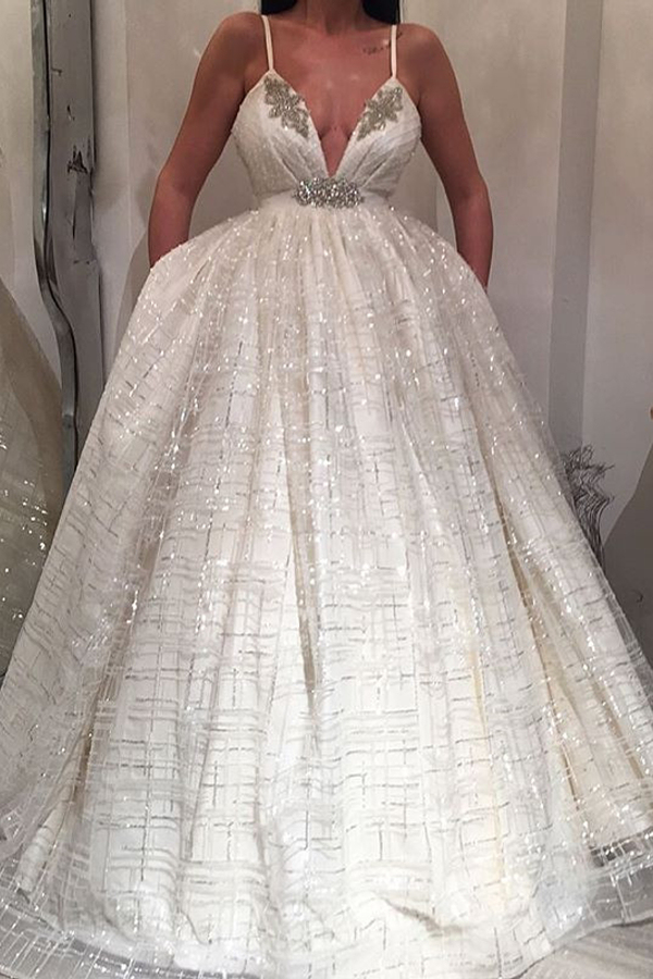 Gorgeous V-Neck Sequin Wedding Dress for Evening Party