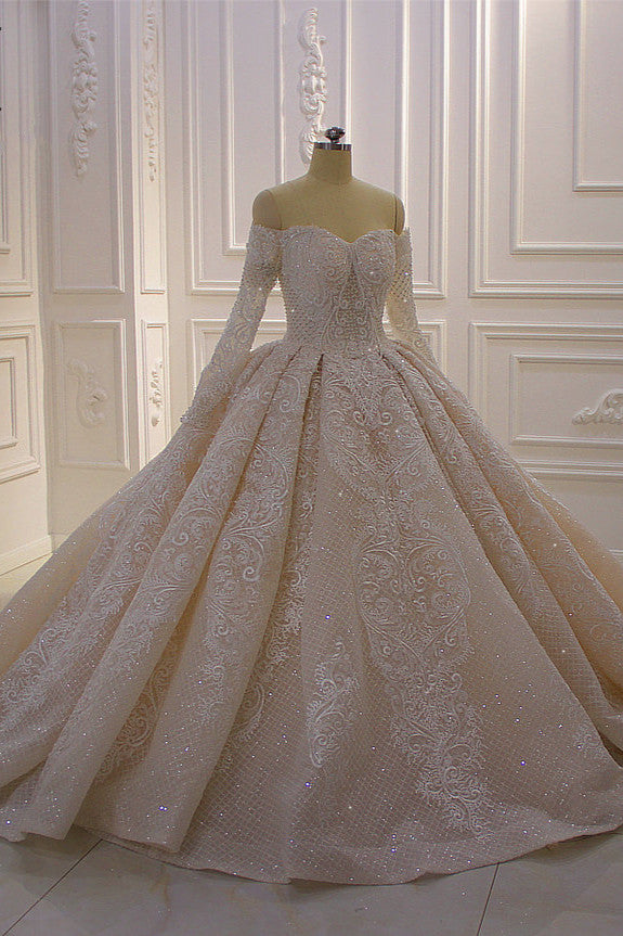 Chicloth Gorgeous Ball Gown Strapless Sequins Wedding Dress Long Sleeves Tulle Lace Bridal Gowns On Sale