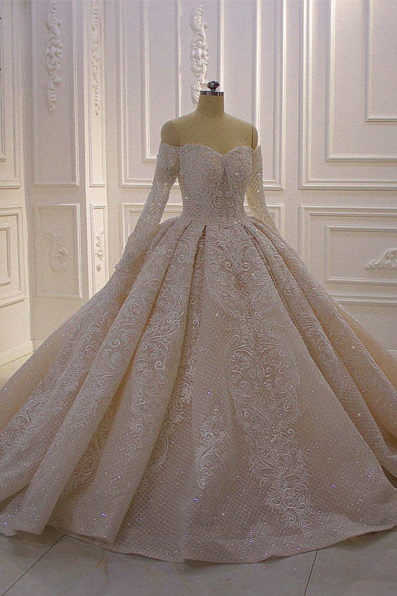 Chicloth Gorgeous Ball Gown Strapless Sequins Wedding Dress Long Sleeves Tulle Lace Bridal Gowns On Sale