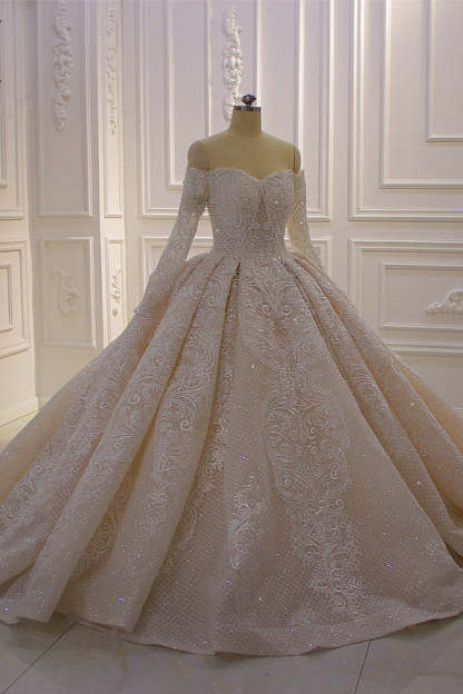 Chicloth Gorgeous Ball Gown Strapless Sequins Wedding Dress Long Sleeves Tulle Lace Bridal Gowns On Sale