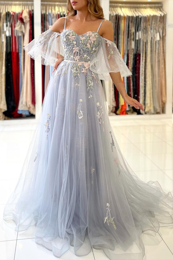 Chic Off Shoulder Tulle Floral Lace Evening Party Dress Spaghetti Straps