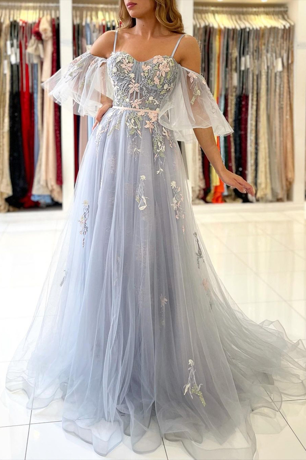 Chic Off Shoulder Tulle Floral Lace Evening Party Dress Spaghetti Straps
