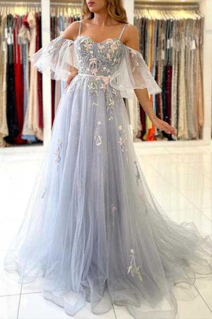 Chic Off Shoulder Tulle Floral Lace Evening Party Dress Spaghetti Straps