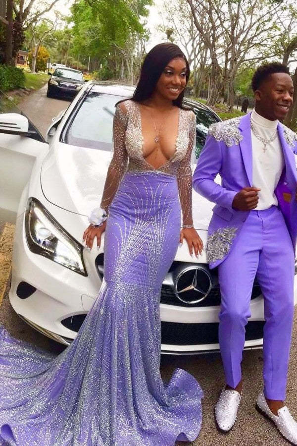 Chicloth Lilac Long Sleeves Prom Dress Mermaid V-Neck Sequins