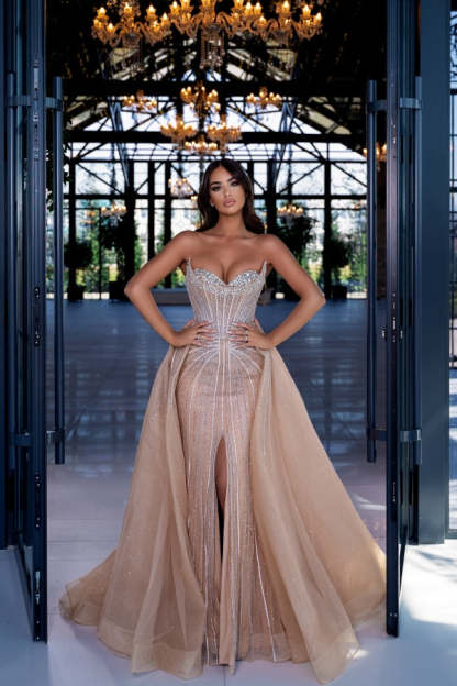 Champagne Sweetheart Crystals Mermaid Evening Dresses with Slit