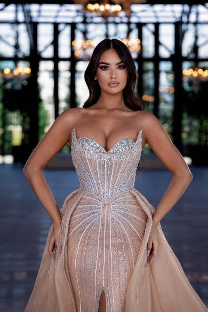 Champagne Sweetheart Crystals Mermaid Evening Dresses with Slit