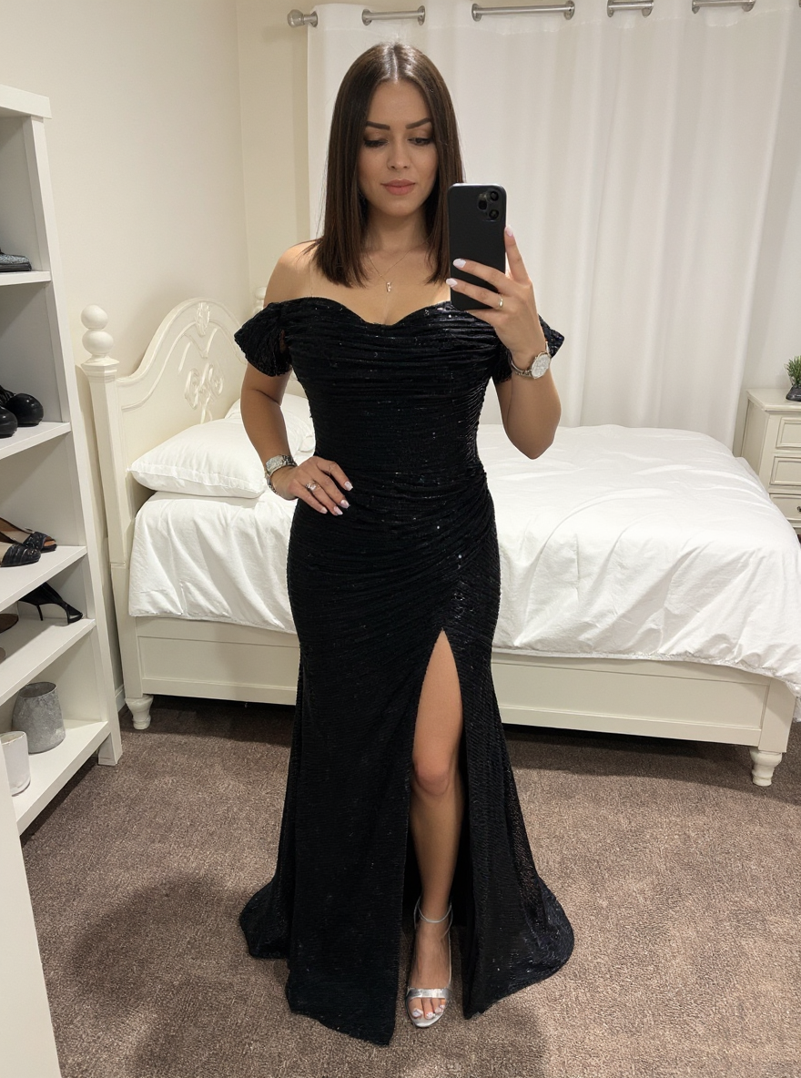 Black Off-the-Shoulder Sequins Mermaid Evening Dresses with Slit