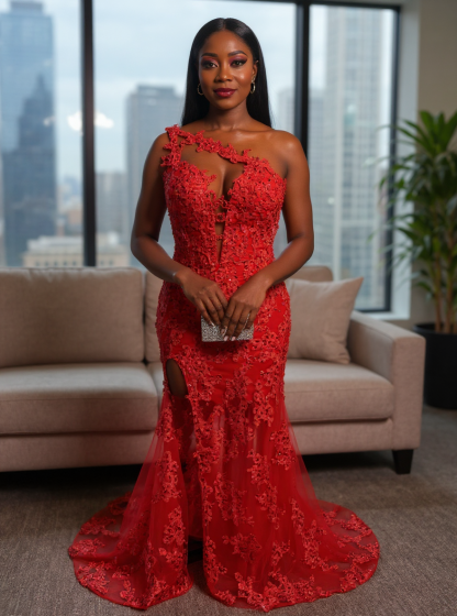 Red One-Shoulder Sequins Floor Length Mermaid Prom Dresses