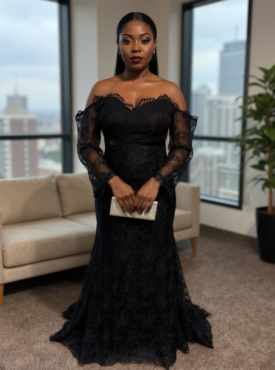 Black Off-The-Shoulder Lace Long Sleeves Mermaid Evening Dresses