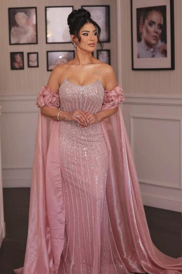 Pink Strapless Crystals Mermaid Evening Dresses Floor Length