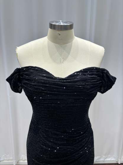 Black Off-the-Shoulder Sequins Mermaid Evening Dresses with Slit