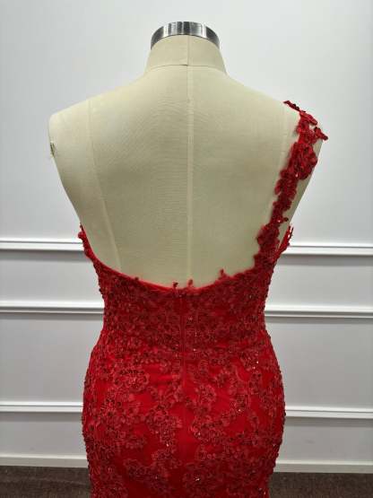 Red One-Shoulder Sequins Floor Length Mermaid Prom Dresses